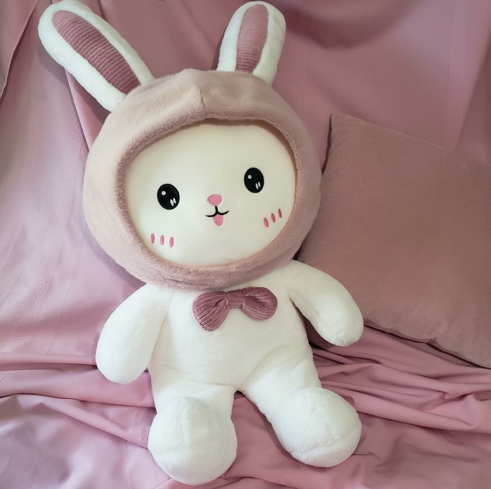 Big plush bunny with pink hood and bow
